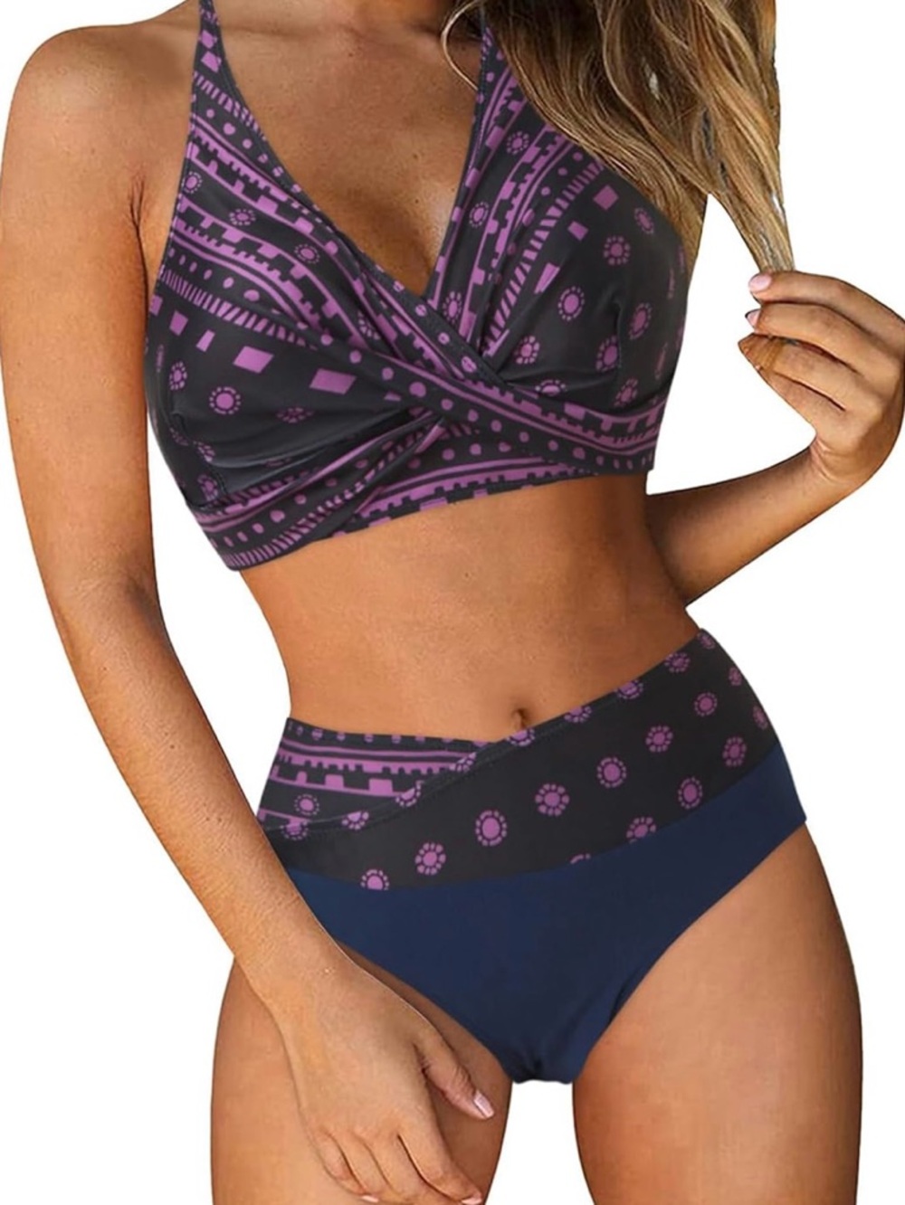 Purple Tribal Twist Front High Waisted Bikini Set MED Generich | Chic Boho Reto